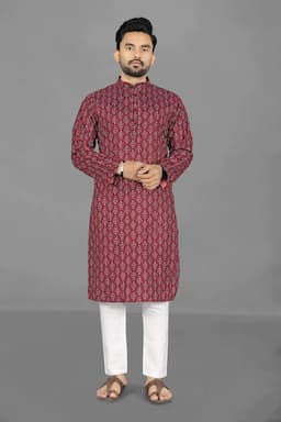 Cotton Poly Printed Kurta for Men 46 Maroon