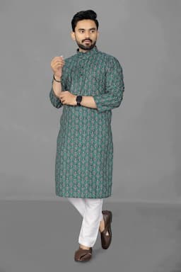 Cotton Poly Printed Kurta for Men 44 Dark Green