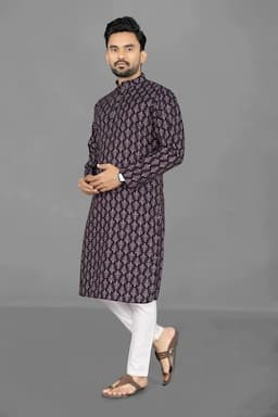 Cotton Poly Printed Kurta for Men 48 Navy Blue